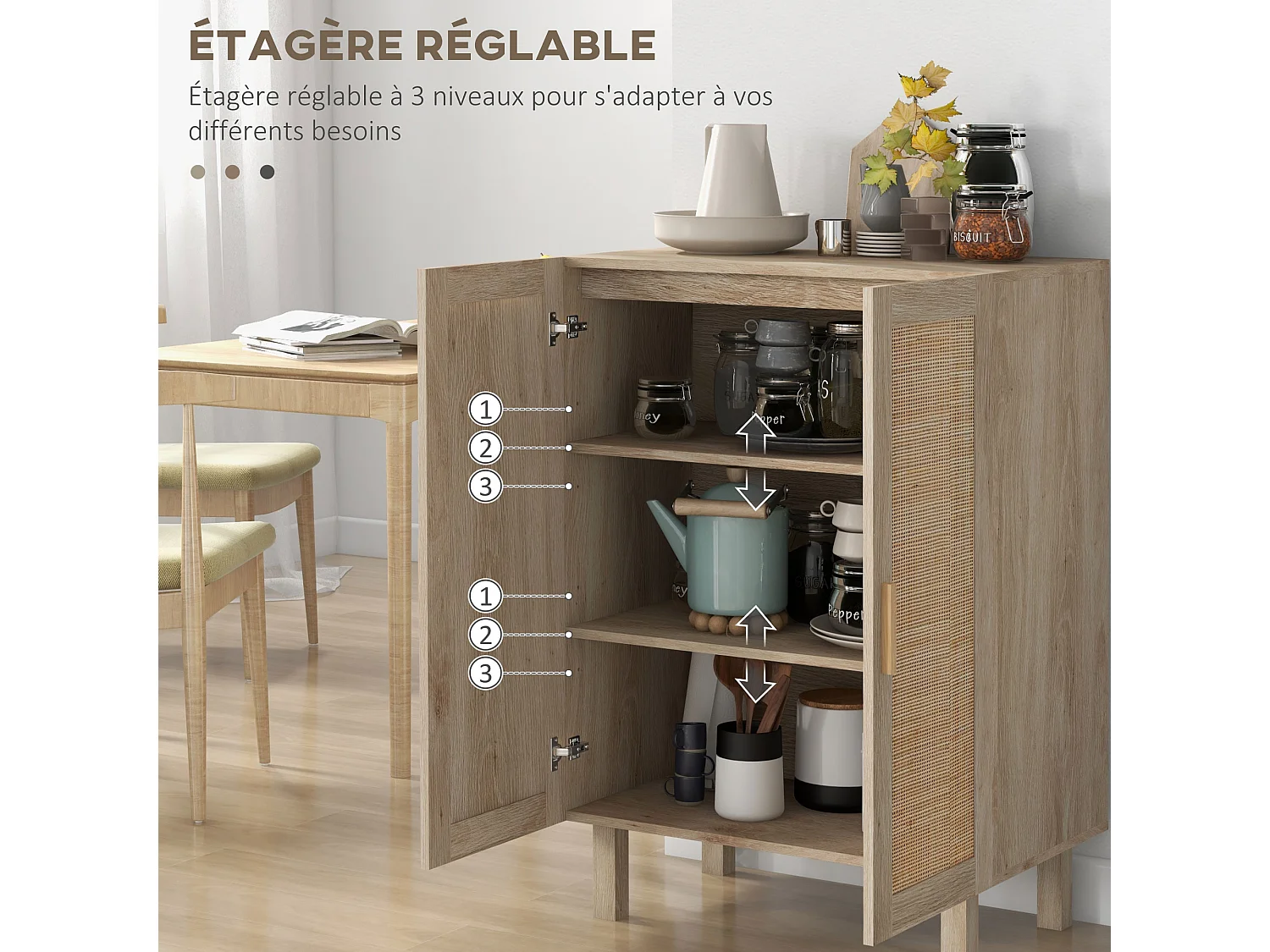 Buffet 2 portes 2 étagères réglables style bohème chic cannage en rotin panneaux aspect bois clair