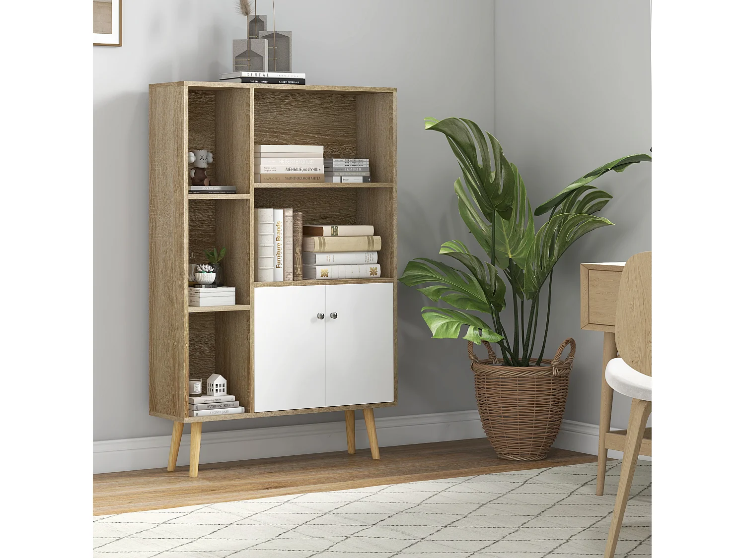 Bibliothèque scandinave dim. 80L x 23,5l x 123H cm 5 niches placard 2 portes pieds effilés inclinés bois massif panneaux particules naturel et blanc