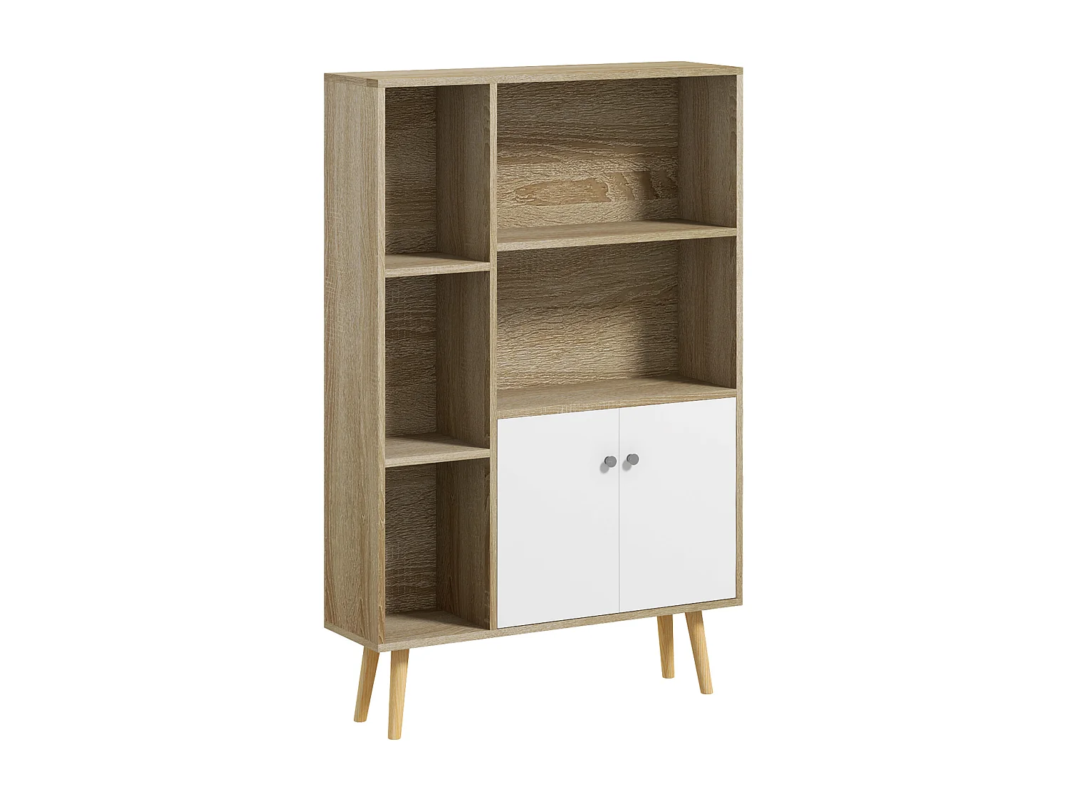 Bibliothèque scandinave dim. 80L x 23,5l x 123H cm 5 niches placard 2 portes pieds effilés inclinés bois massif panneaux particules naturel et blanc