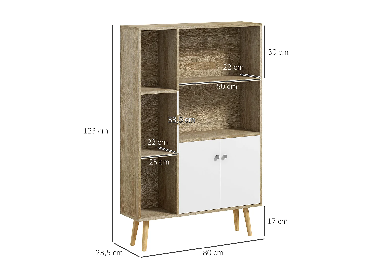Bibliothèque scandinave dim. 80L x 23,5l x 123H cm 5 niches placard 2 portes pieds effilés inclinés bois massif panneaux particules naturel et blanc