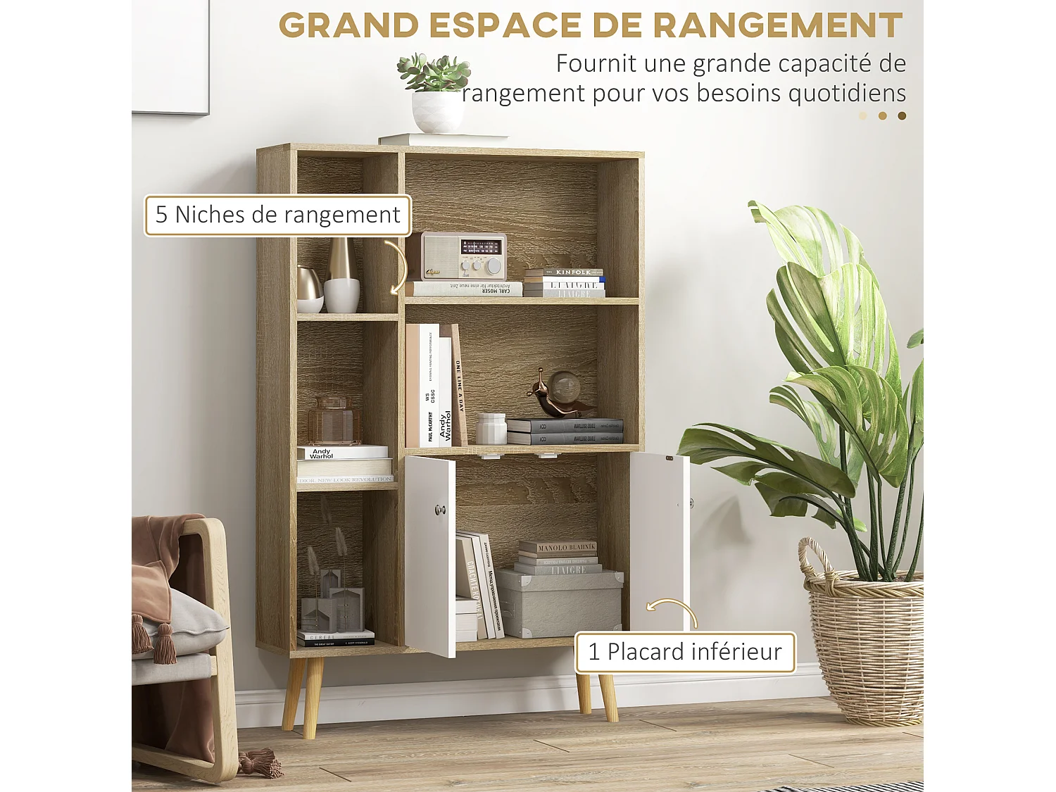Bibliothèque scandinave dim. 80L x 23,5l x 123H cm 5 niches placard 2 portes pieds effilés inclinés bois massif panneaux particules naturel et blanc