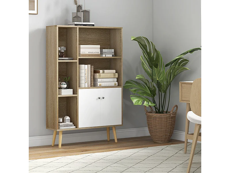 Bibliothèque scandinave dim. 80L x 23,5l x 123H cm 5 niches placard 2 portes pieds effilés inclinés bois massif panneaux particules naturel et blanc