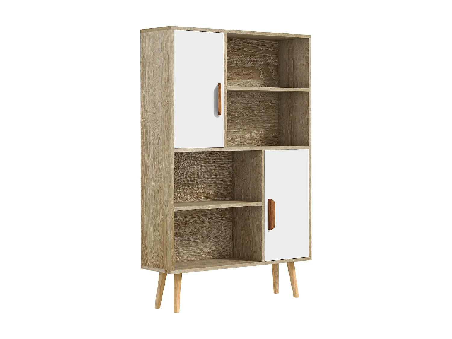 Bibliothèque scandinave 4 niches + 2 placards avec étagère dim. 80L x 24l x 123H cm pieds effilés inclinés bois massif panneaux particules naturel et blanc