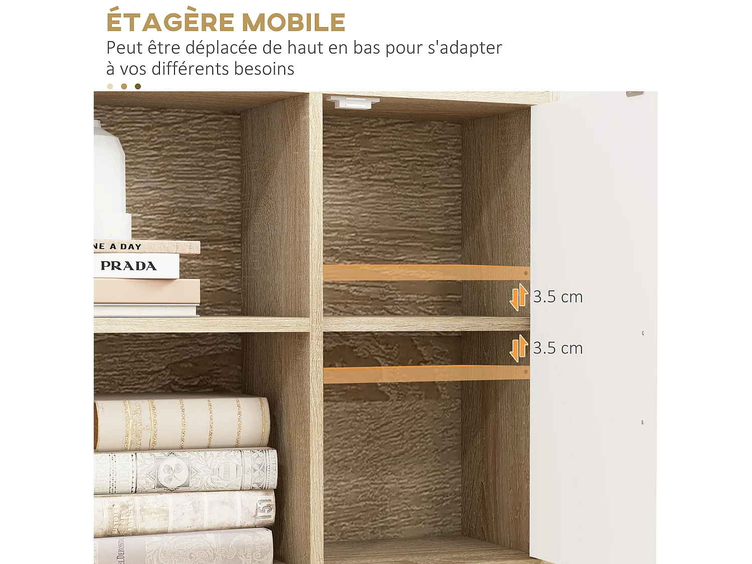 Bibliothèque scandinave 4 niches + 2 placards avec étagère dim. 80L x 24l x 123H cm pieds effilés inclinés bois massif panneaux particules naturel et blanc