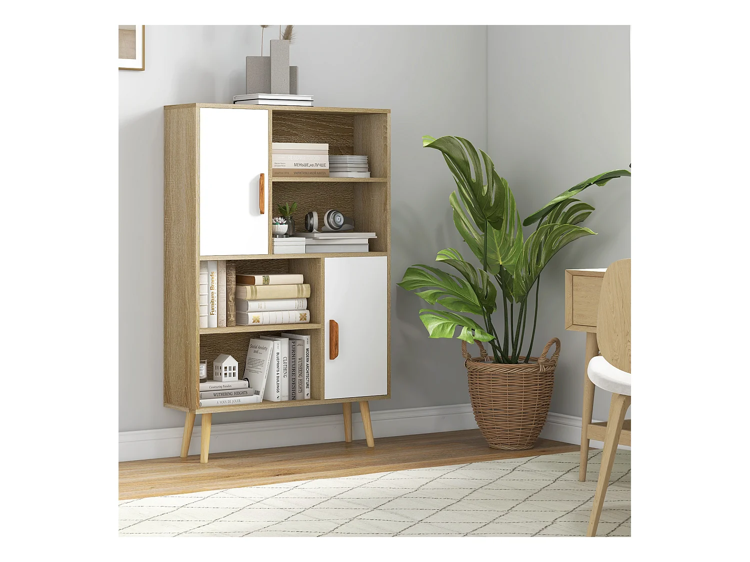 Bibliothèque scandinave 4 niches + 2 placards avec étagère dim. 80L x 24l x 123H cm pieds effilés inclinés bois massif panneaux particules naturel et blanc