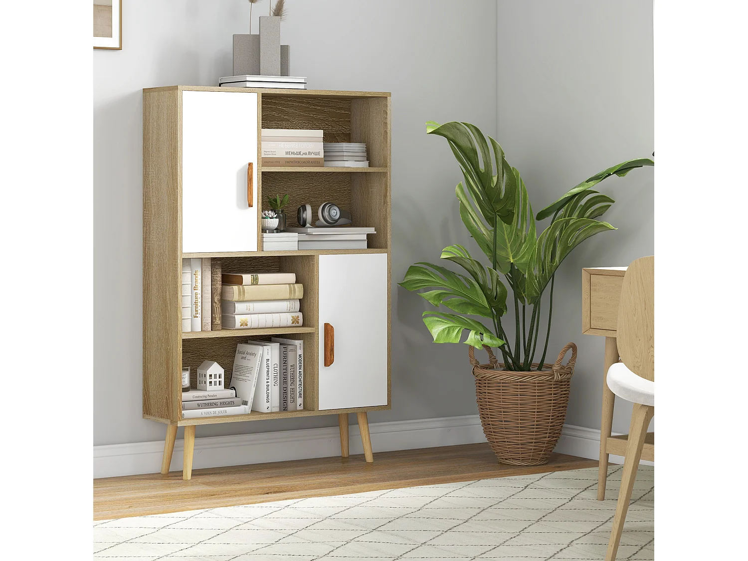 Bibliothèque scandinave 4 niches + 2 placards avec étagère dim. 80L x 24l x 123H cm pieds effilés inclinés bois massif panneaux particules naturel et blanc