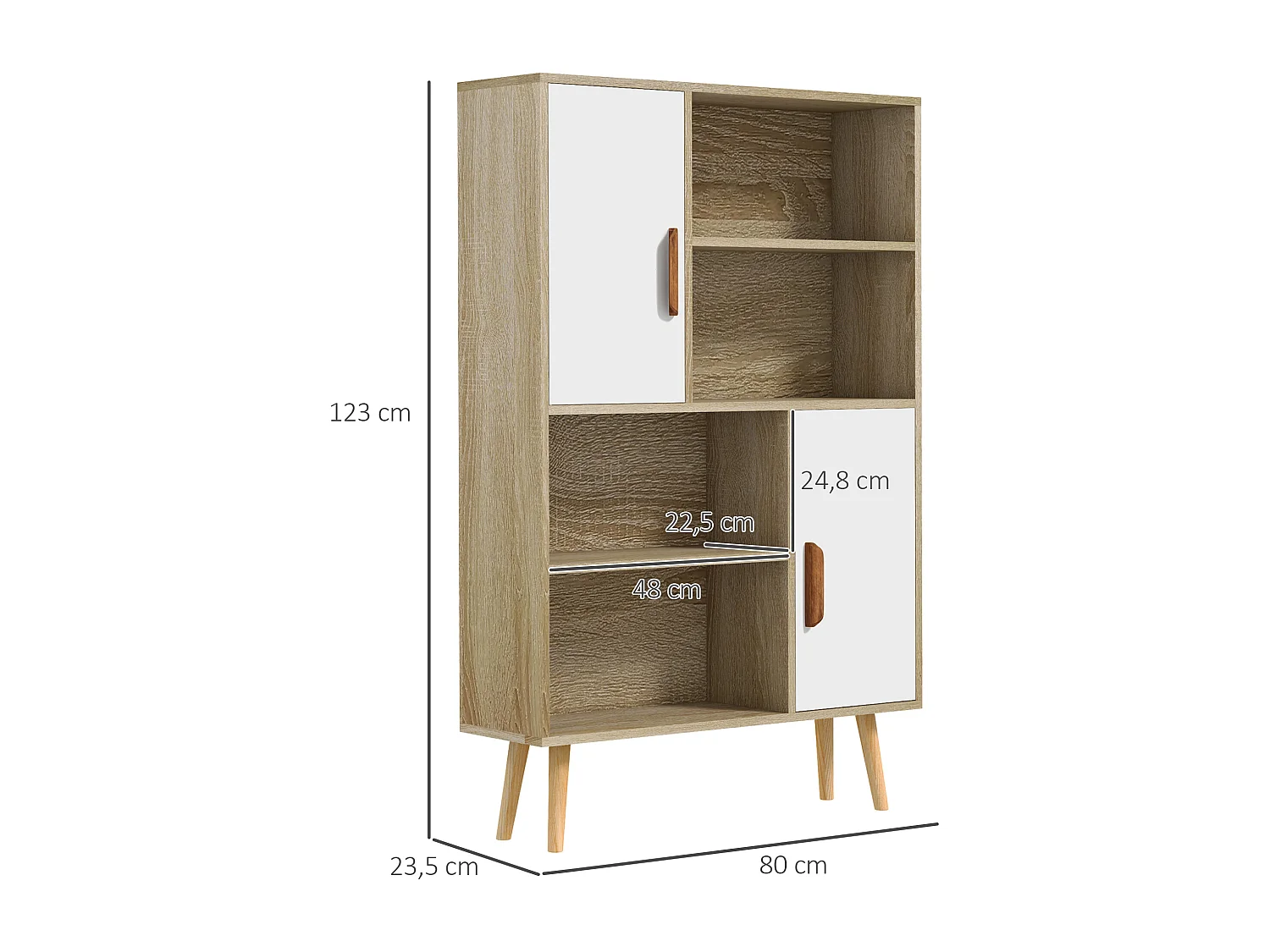 Bibliothèque scandinave 4 niches + 2 placards avec étagère dim. 80L x 24l x 123H cm pieds effilés inclinés bois massif panneaux particules naturel et blanc