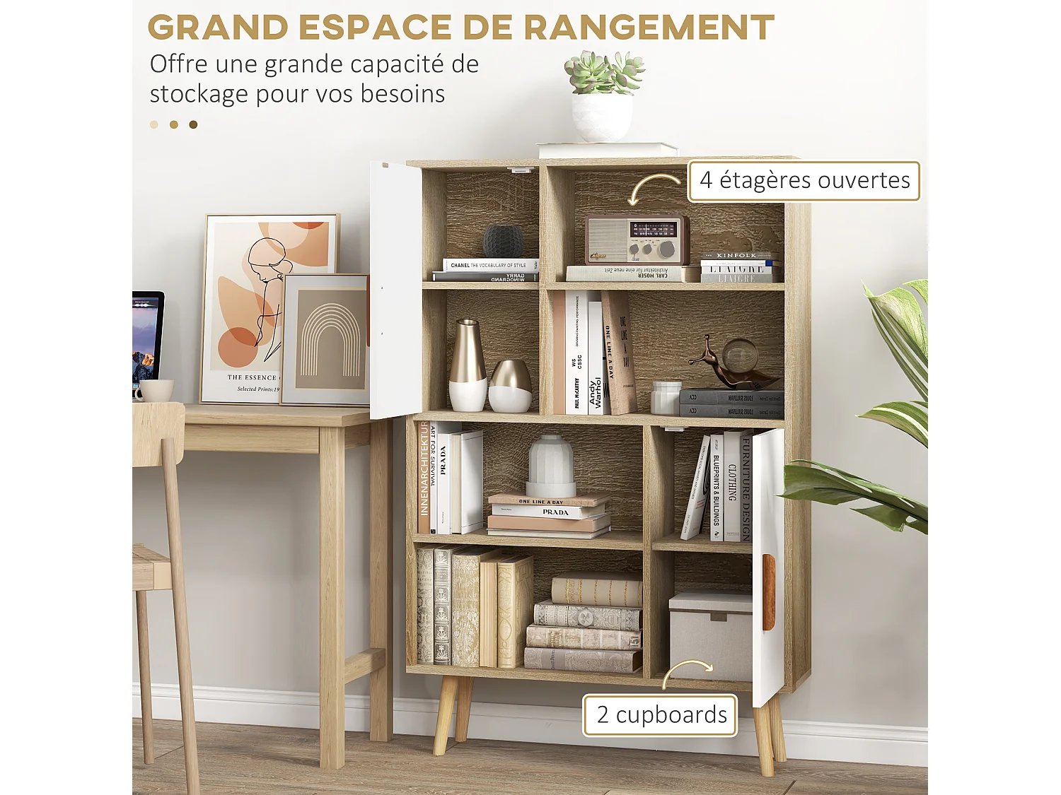 Bibliothèque scandinave 4 niches + 2 placards avec étagère dim. 80L x 24l x 123H cm pieds effilés inclinés bois massif panneaux particules naturel et blanc