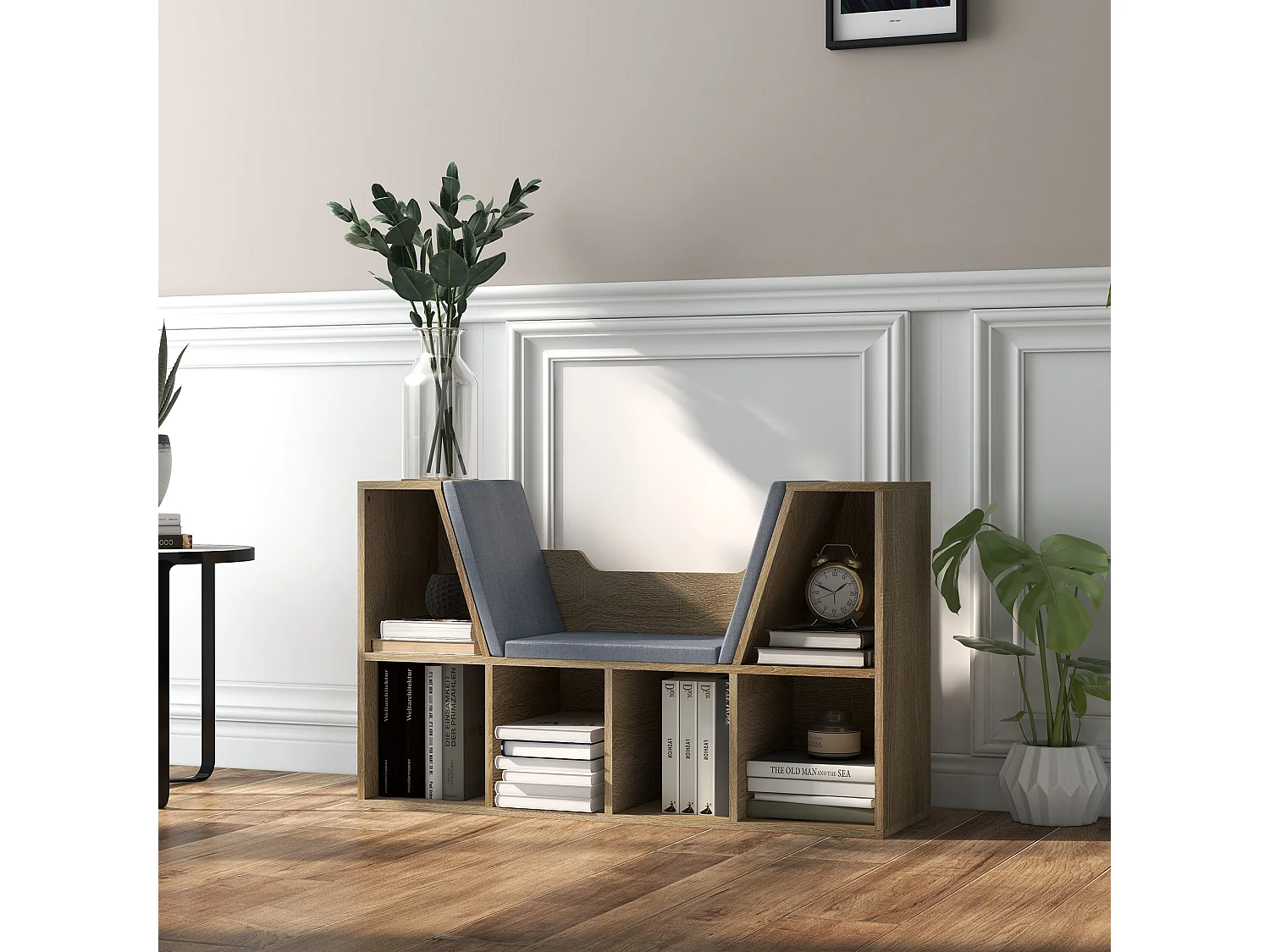 Bibliothèque banc 2 en 1 design contemporain 6 casiers 3 coussins fournis 102L x 30l x 61H cm aspect chêne clair gris