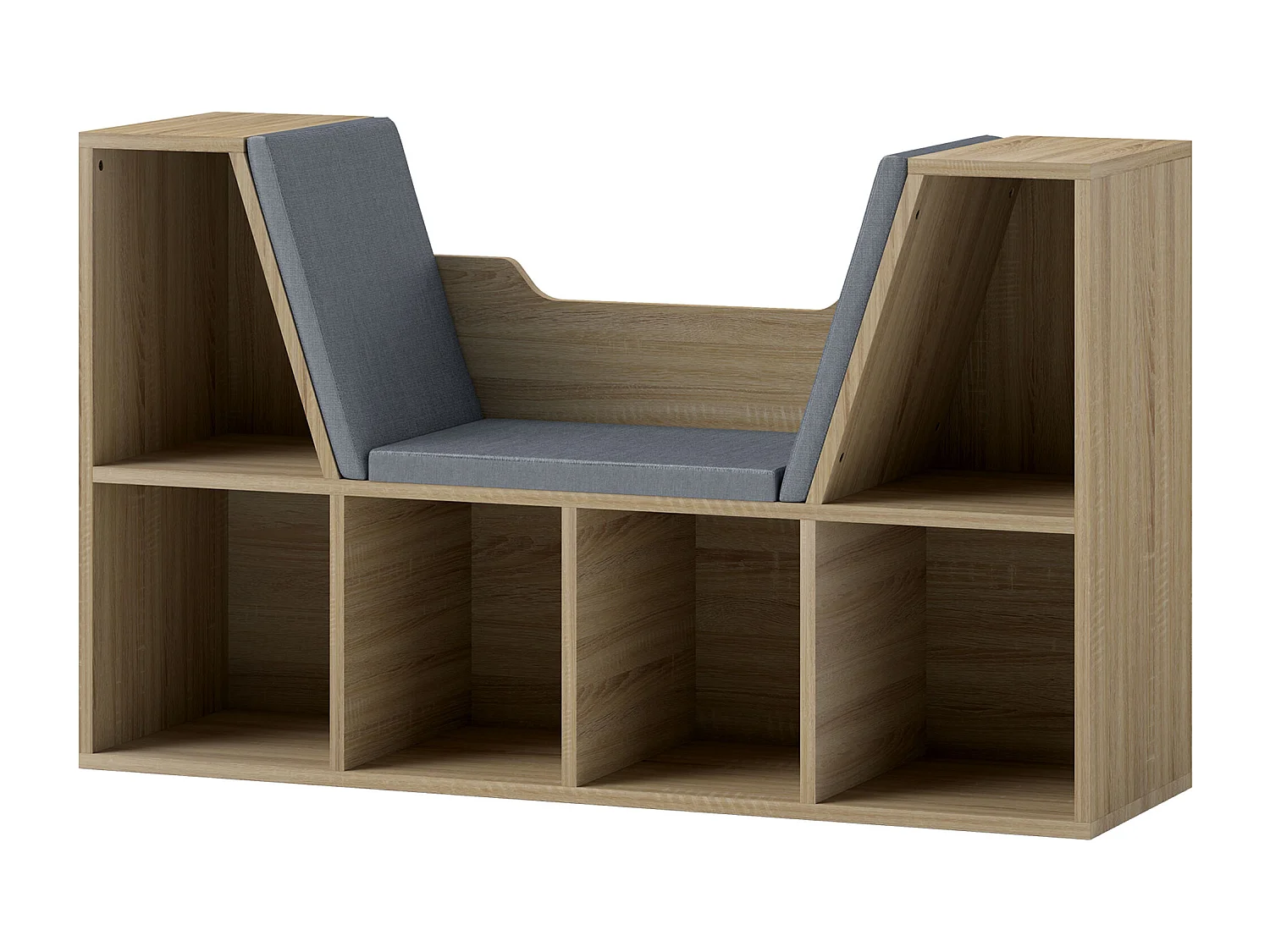 Bibliothèque banc 2 en 1 design contemporain 6 casiers 3 coussins fournis 102L x 30l x 61H cm aspect chêne clair gris