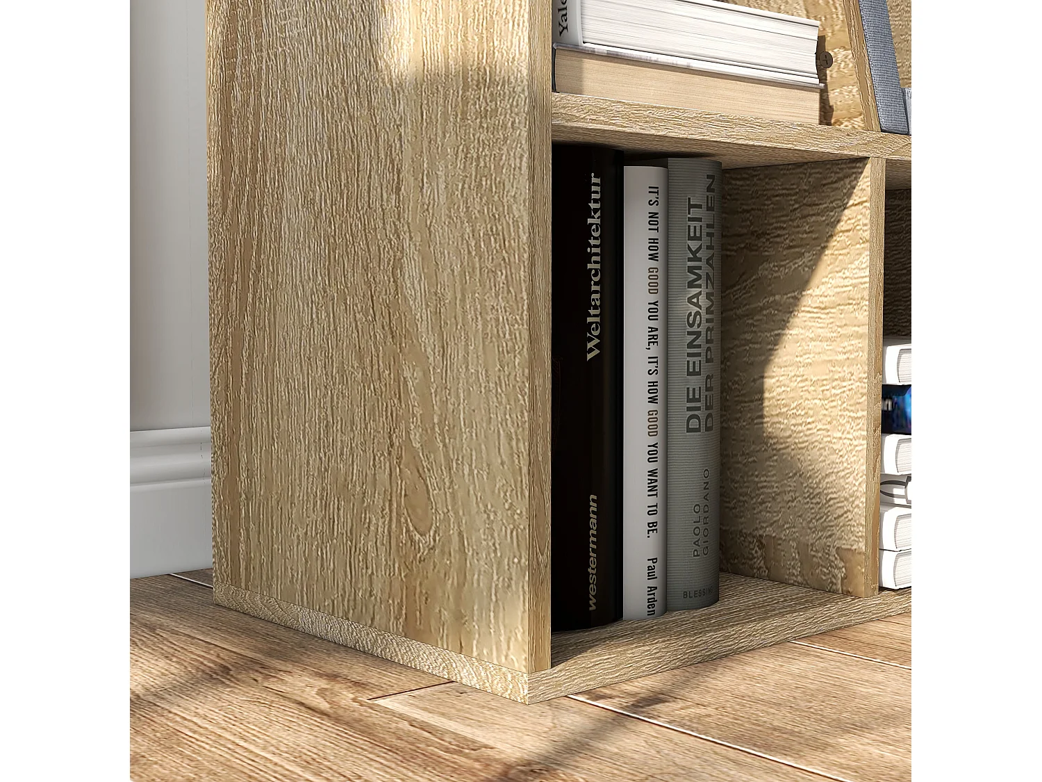 Bibliothèque banc 2 en 1 design contemporain 6 casiers 3 coussins fournis 102L x 30l x 61H cm aspect chêne clair gris