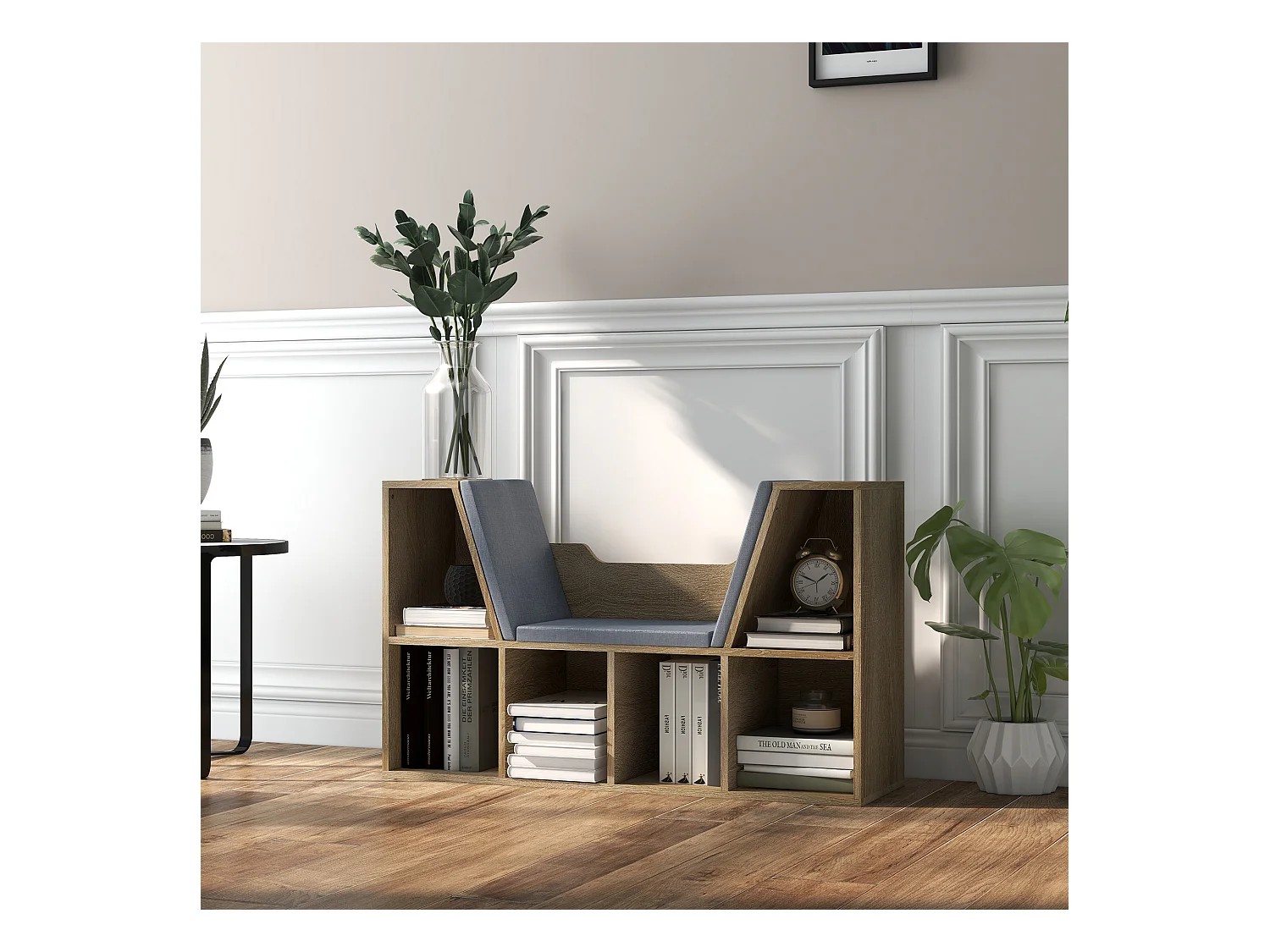 Bibliothèque banc 2 en 1 design contemporain 6 casiers 3 coussins fournis 102L x 30l x 61H cm aspect chêne clair gris