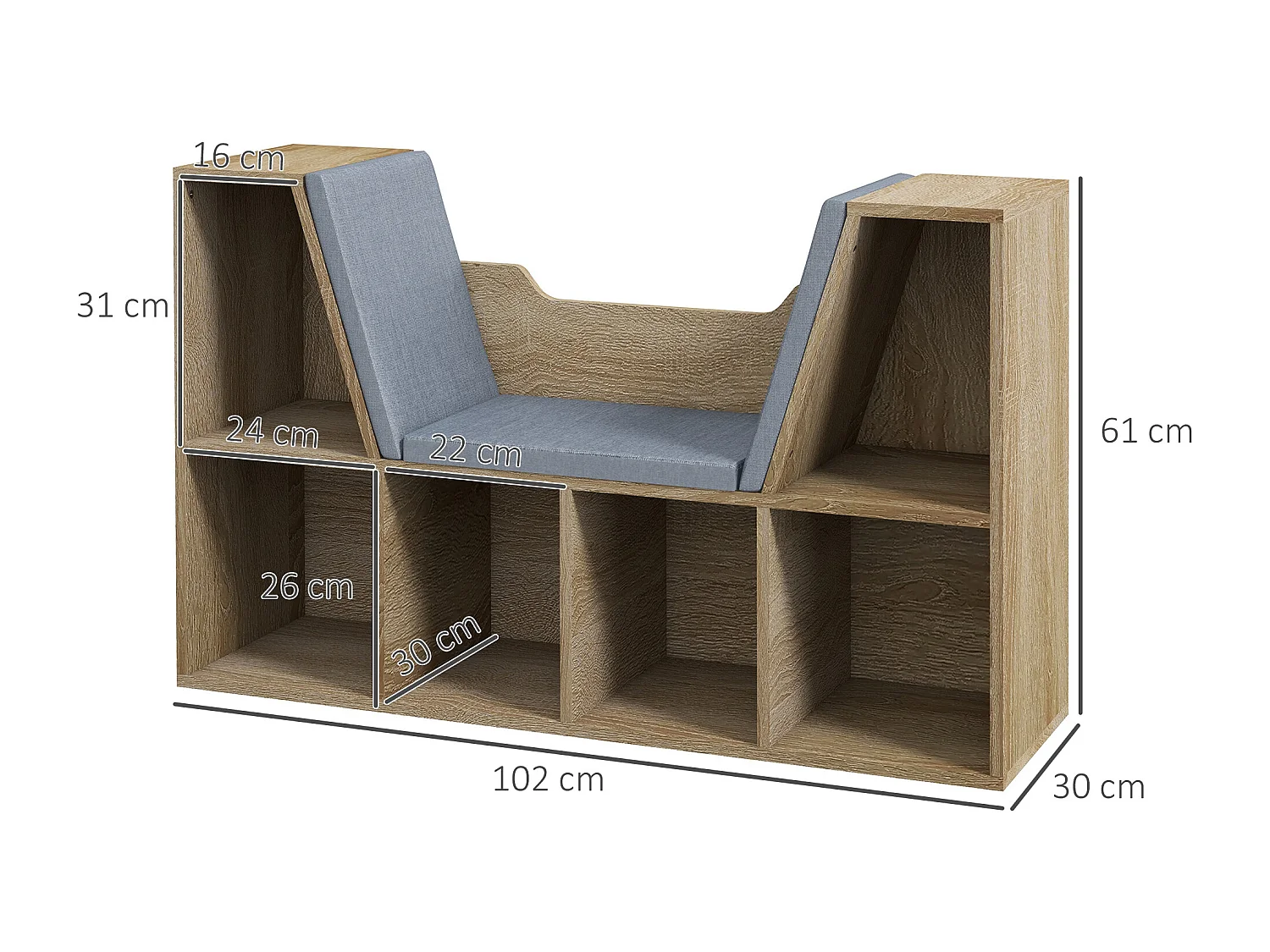 Bibliothèque banc 2 en 1 design contemporain 6 casiers 3 coussins fournis 102L x 30l x 61H cm aspect chêne clair gris