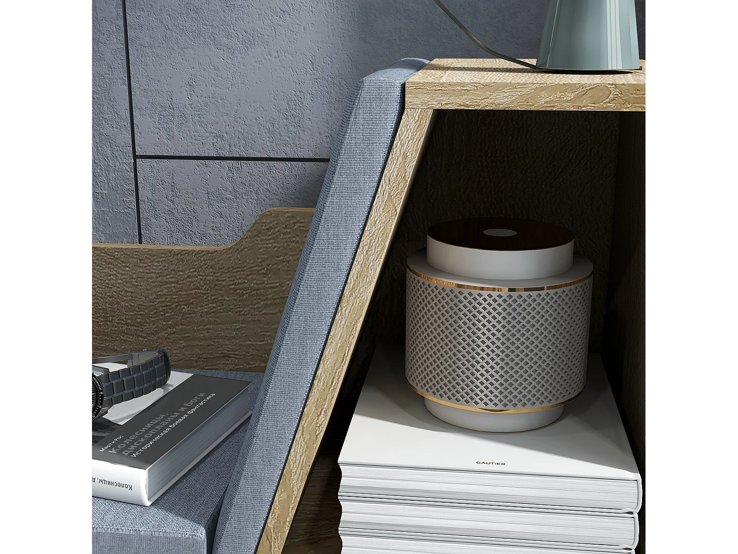 Bibliothèque banc 2 en 1 design contemporain 6 casiers 3 coussins fournis 102L x 30l x 61H cm aspect chêne clair gris