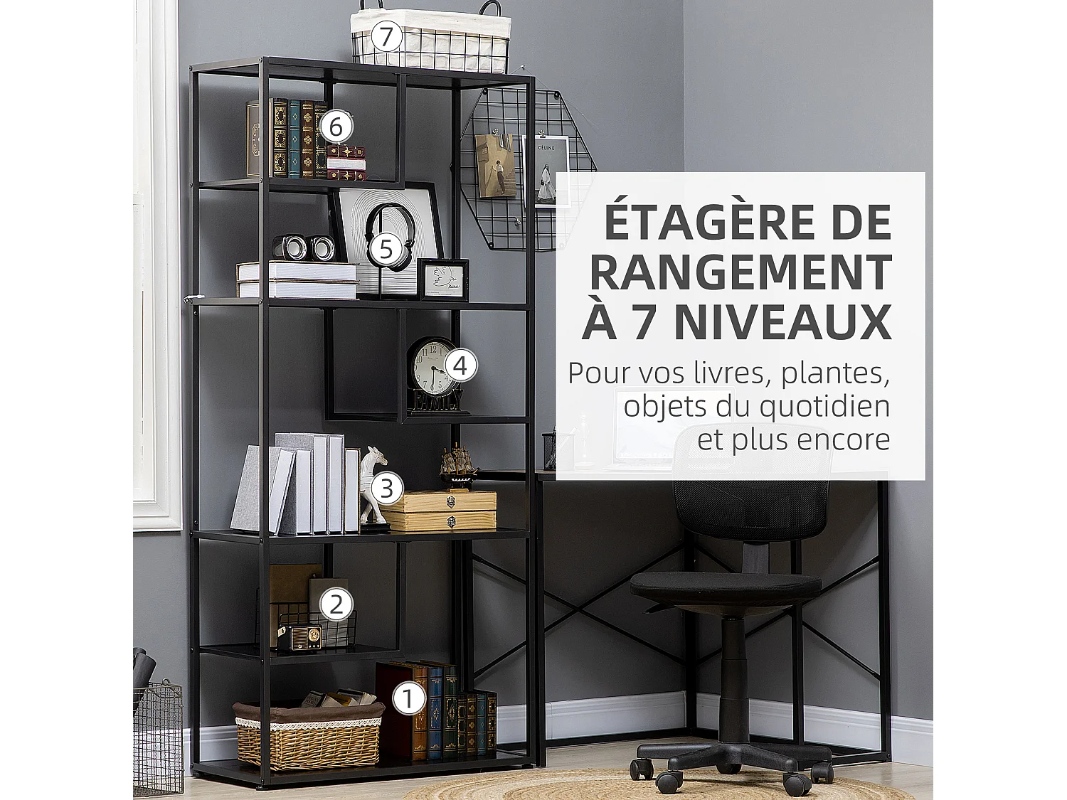 Bibliothèque étagère de rangement à 7 niveaux style industriel acier bois noir