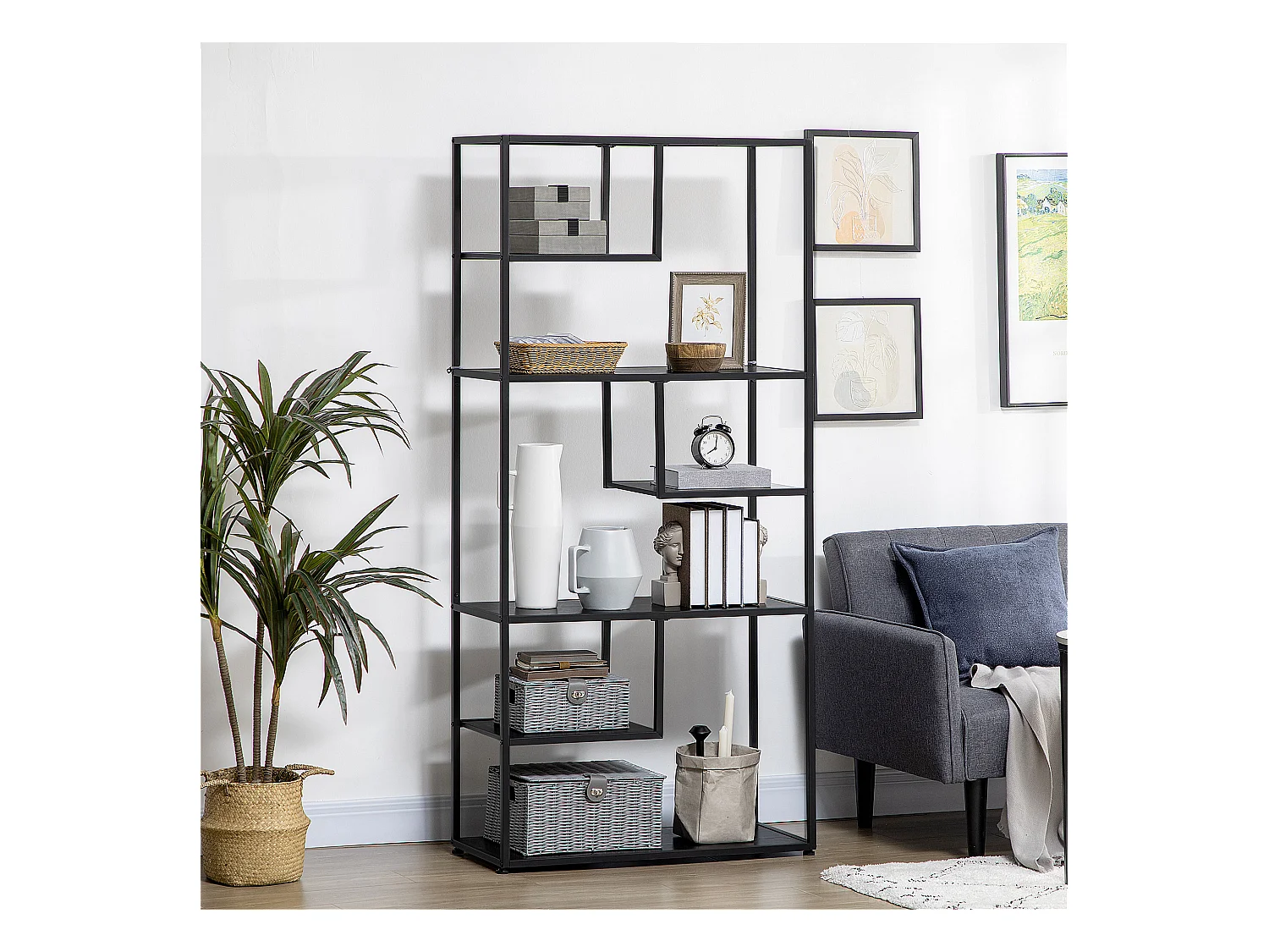 Bibliothèque étagère de rangement à 7 niveaux style industriel acier bois noir