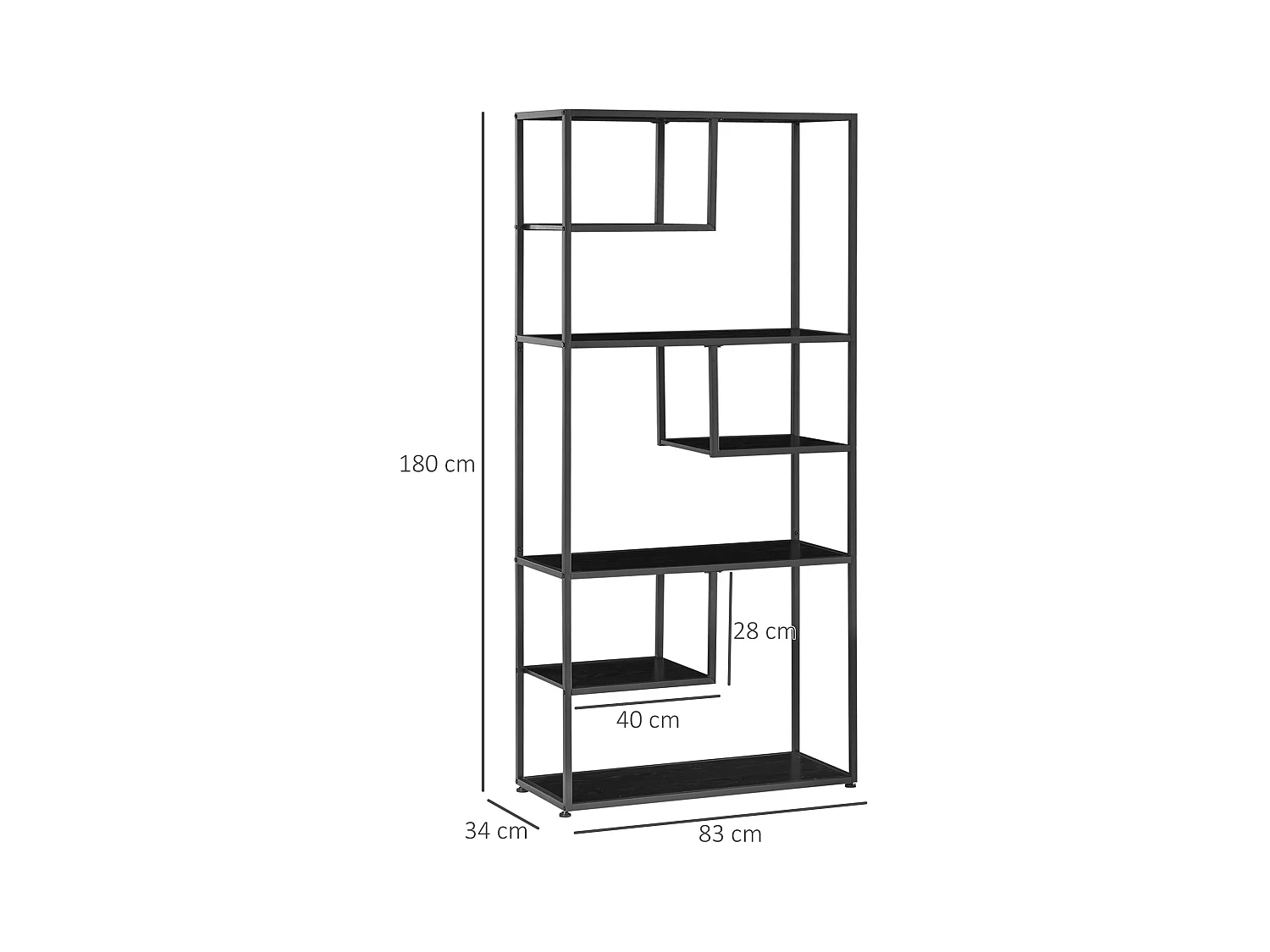 Bibliothèque étagère de rangement à 7 niveaux style industriel acier bois noir