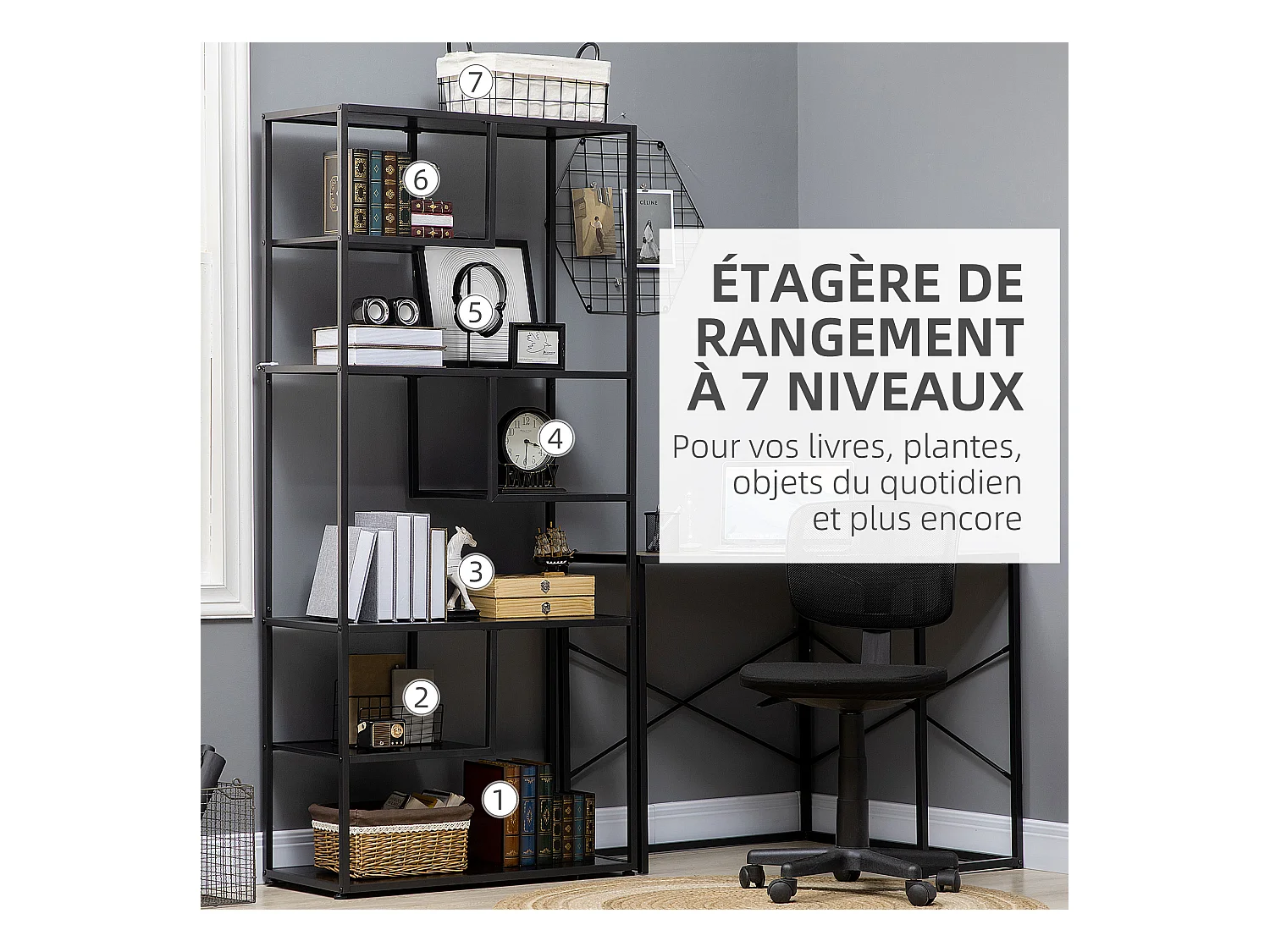 Bibliothèque étagère de rangement à 7 niveaux style industriel acier bois noir