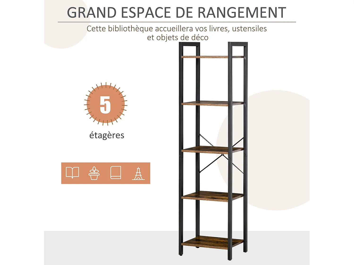 Étagère bibliothèque style industriel H154 cm 5 étagères acier noir panneaux particules aspect bois vieilli