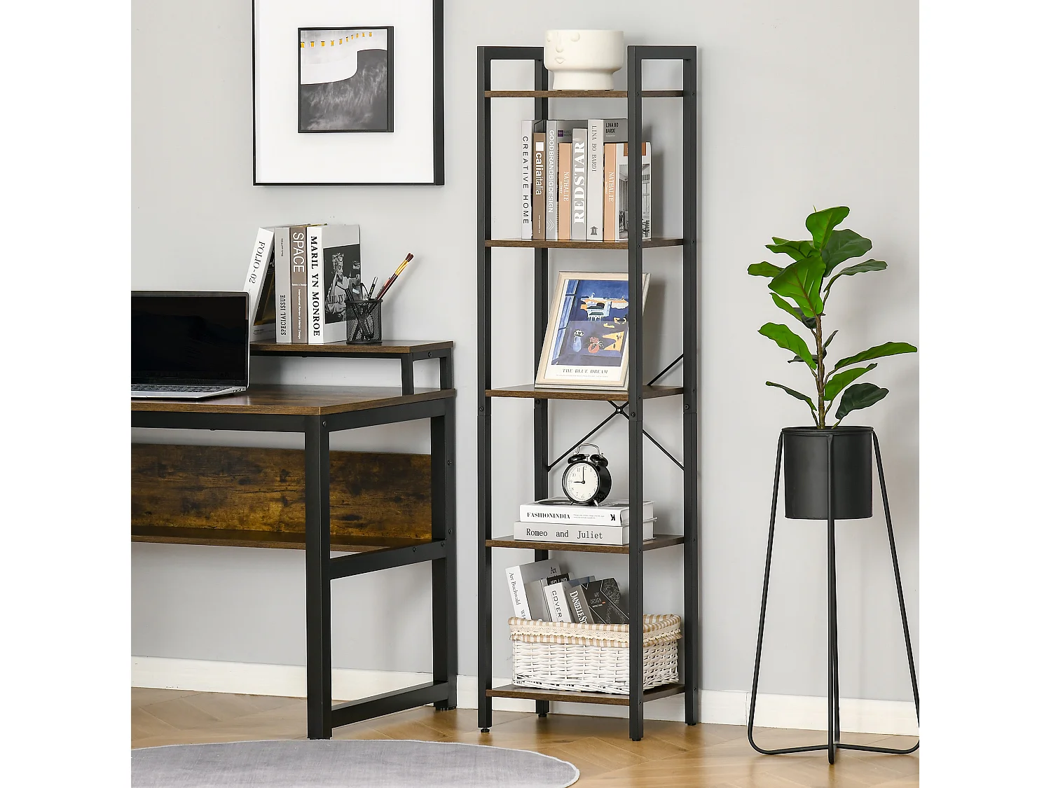 Étagère bibliothèque style industriel H154 cm 5 étagères acier noir panneaux particules aspect bois vieilli