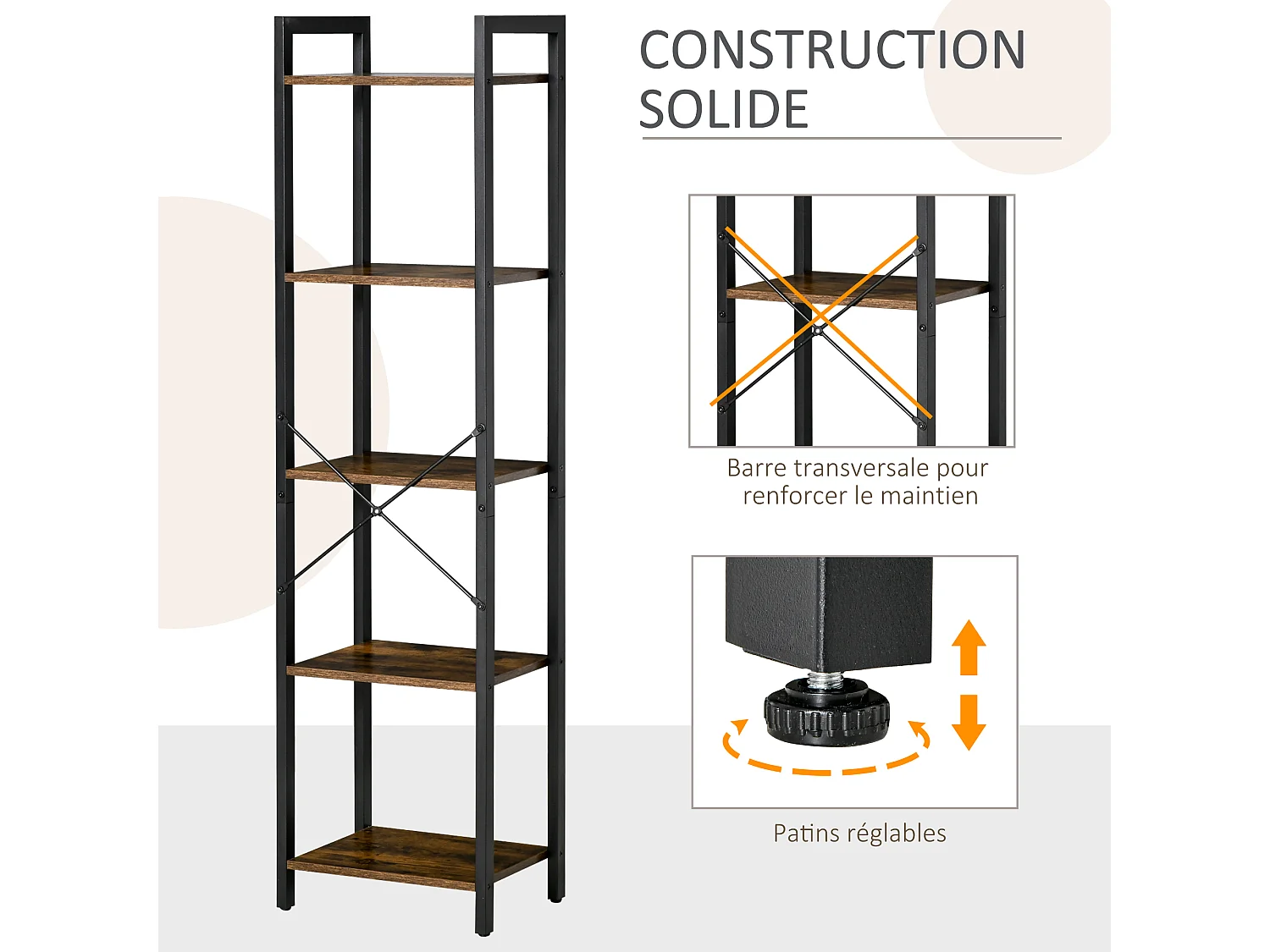 Étagère bibliothèque style industriel H154 cm 5 étagères acier noir panneaux particules aspect bois vieilli
