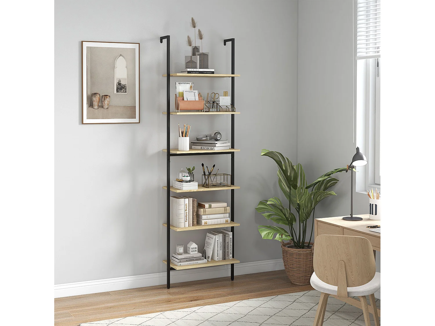 Étagère échelle bibliothèque style industriel H206 cm 6 étagères acier noir panneaux aspect bois clair