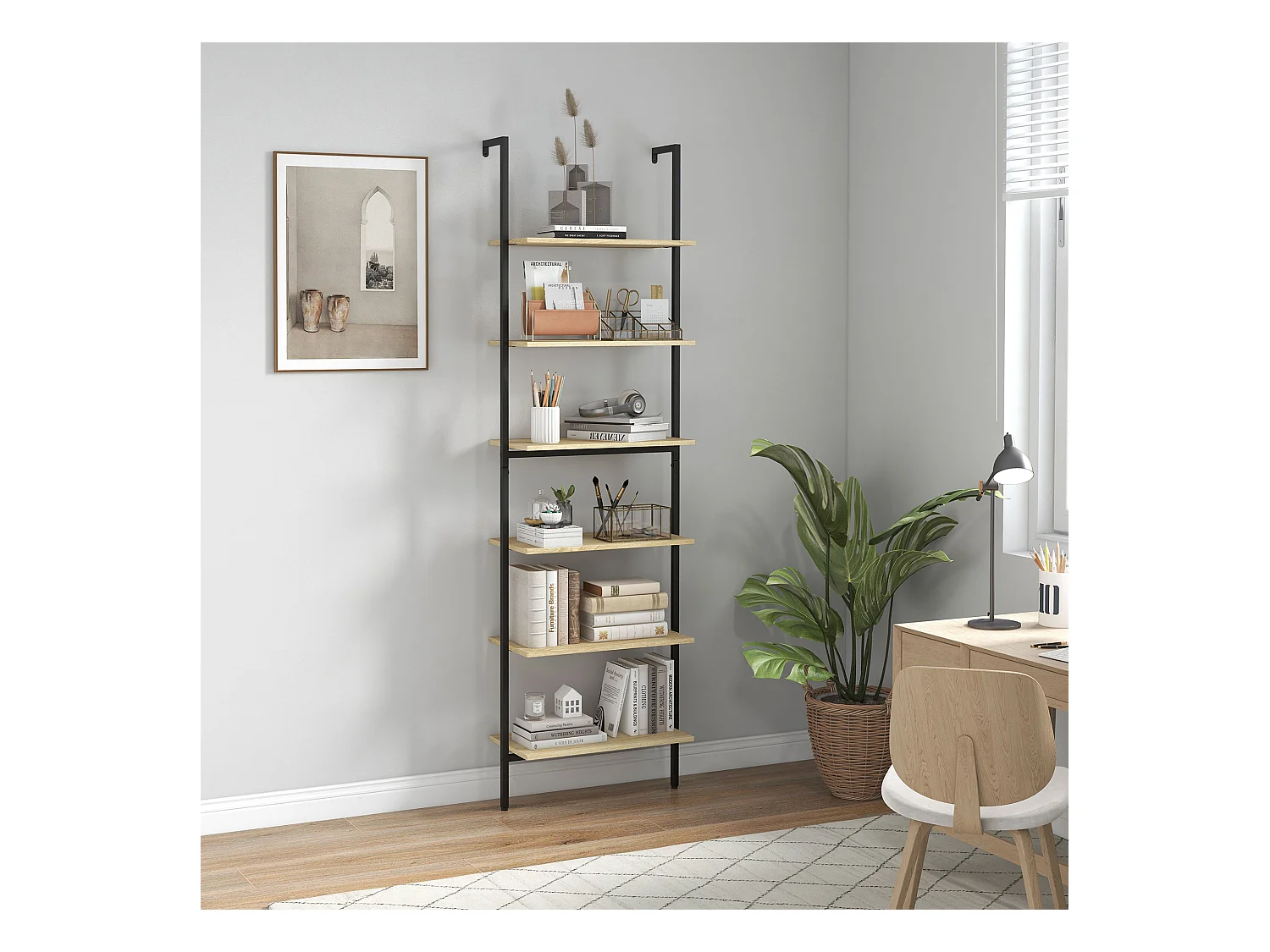 Étagère échelle bibliothèque style industriel H206 cm 6 étagères acier noir panneaux aspect bois clair