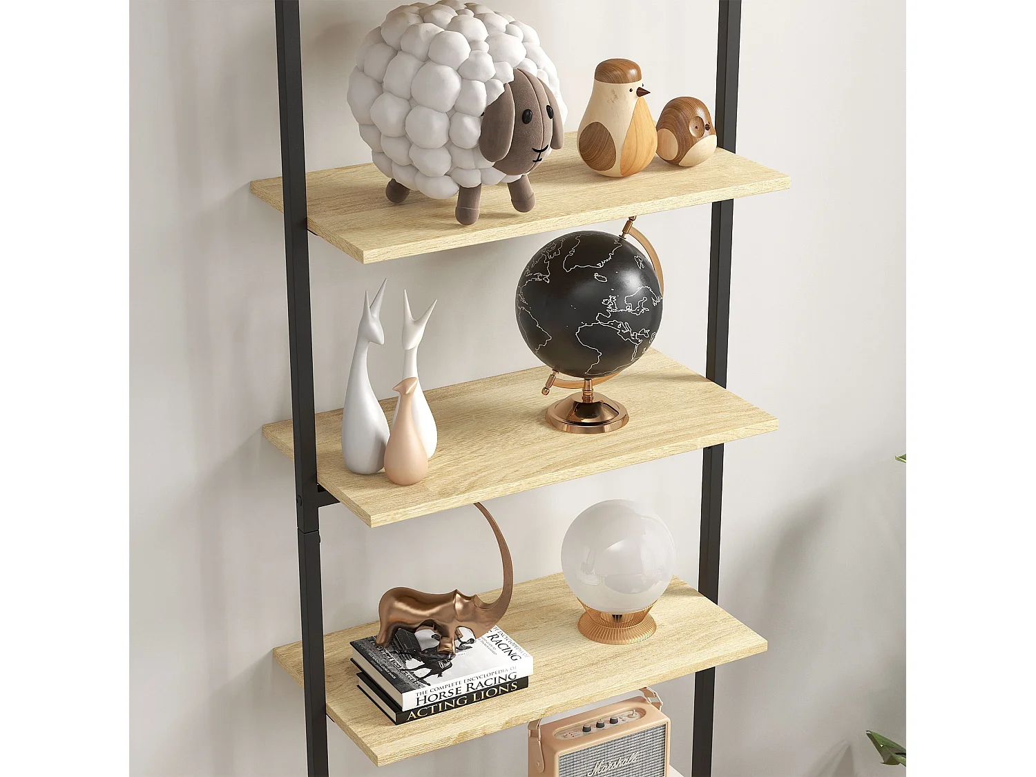 Étagère échelle bibliothèque style industriel H206 cm 6 étagères acier noir panneaux aspect bois clair