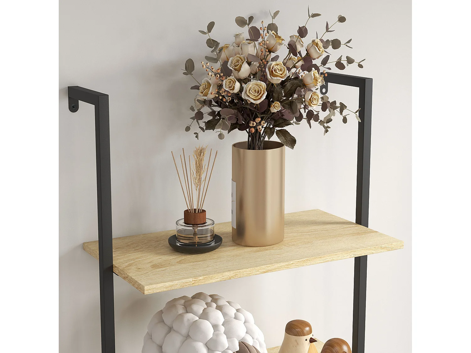 Étagère échelle bibliothèque style industriel H206 cm 6 étagères acier noir panneaux aspect bois clair