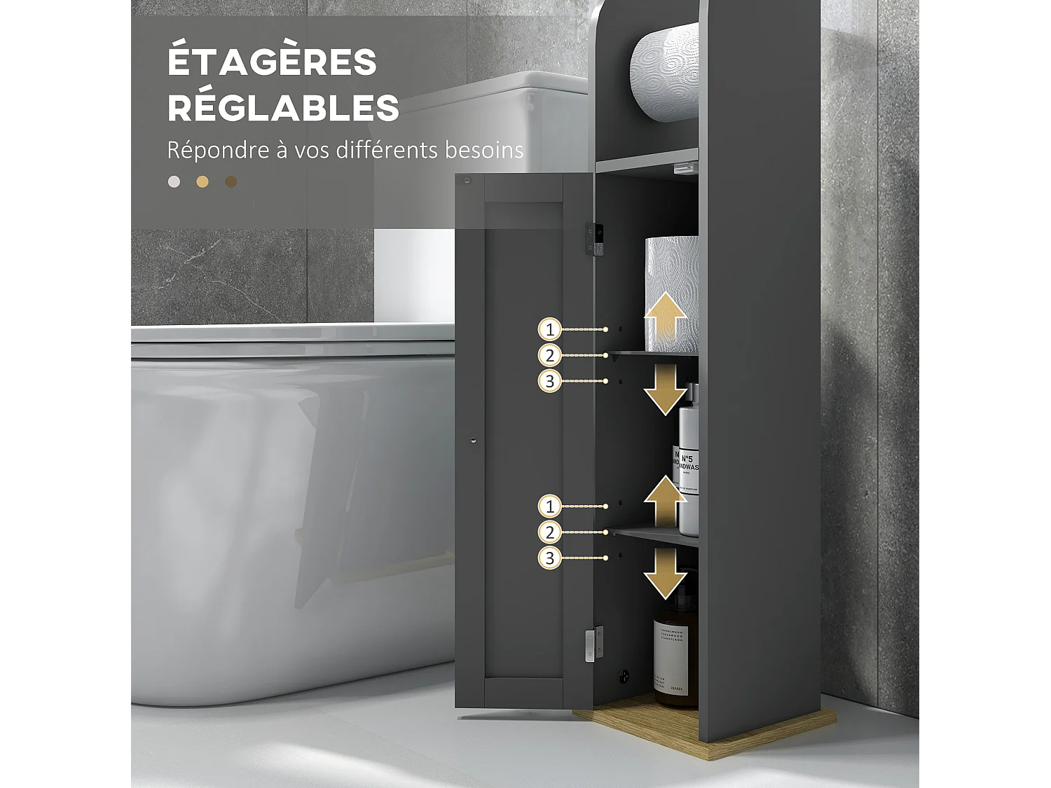 Support papier toilette - porte-papier toilette - armoire pour papier toilette - porte, 2 étagères, sortie papier gris bois clair