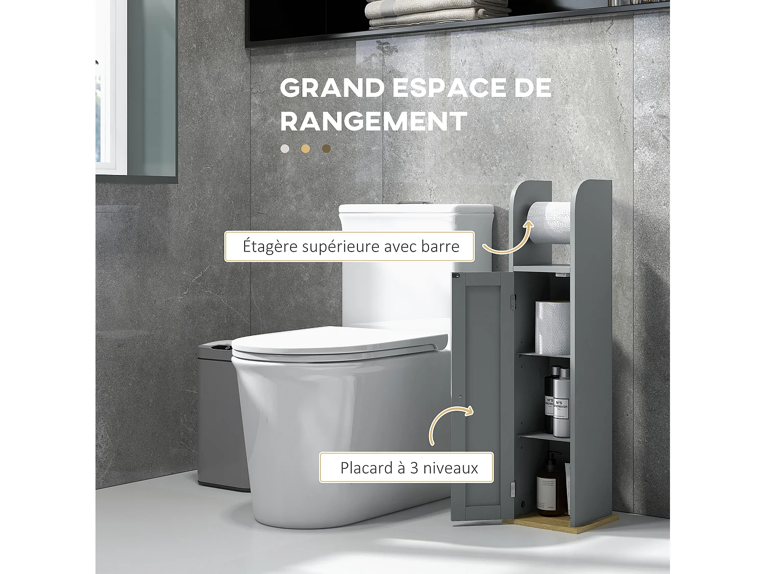 Support papier toilette - porte-papier toilette - armoire pour papier toilette - porte, 2 étagères, sortie papier gris bois clair