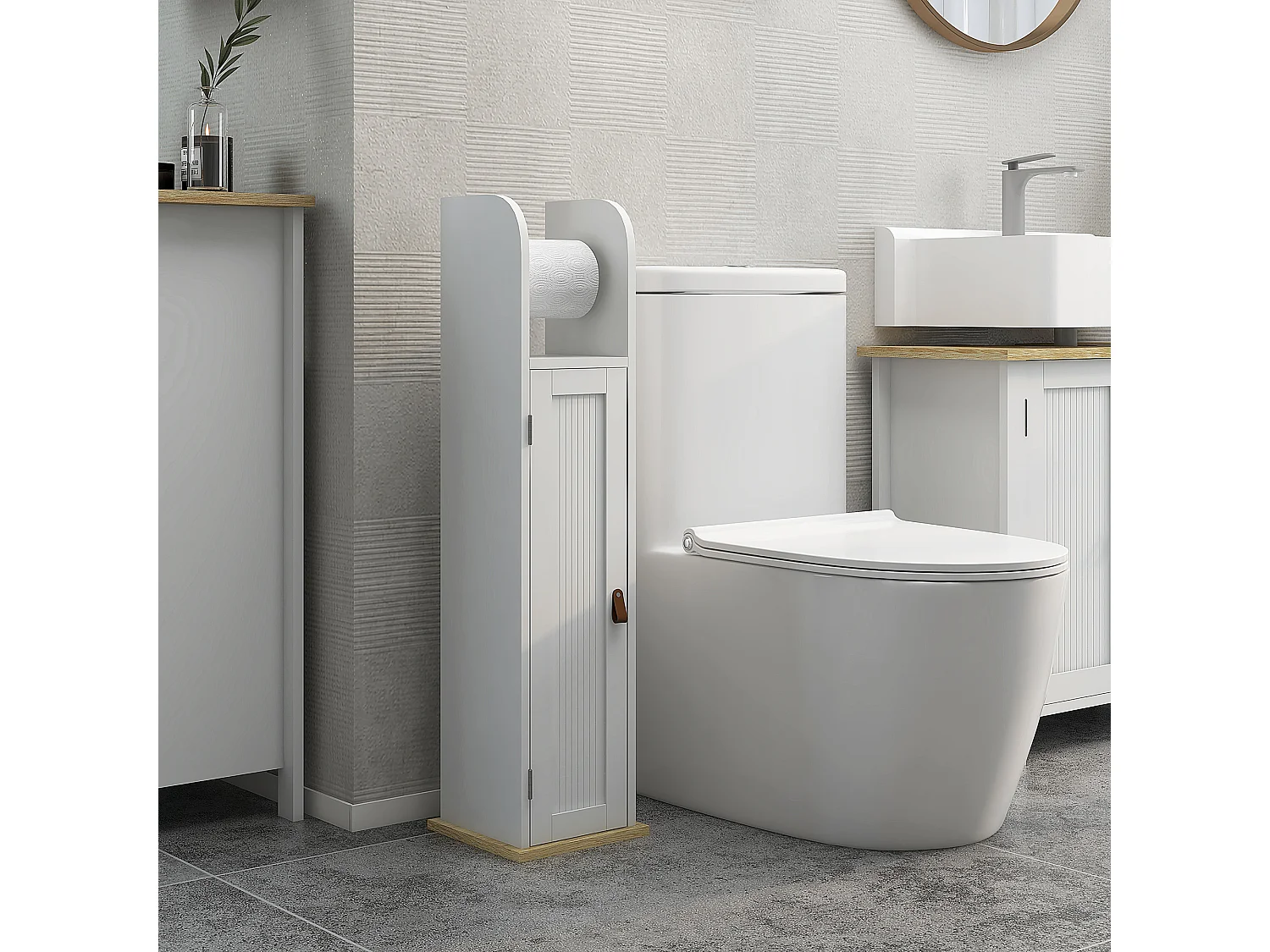 Support papier toilette - porte-papier toilette - armoire pour papier toilette - porte, 2 étagères, sortie papier blanc bois clair