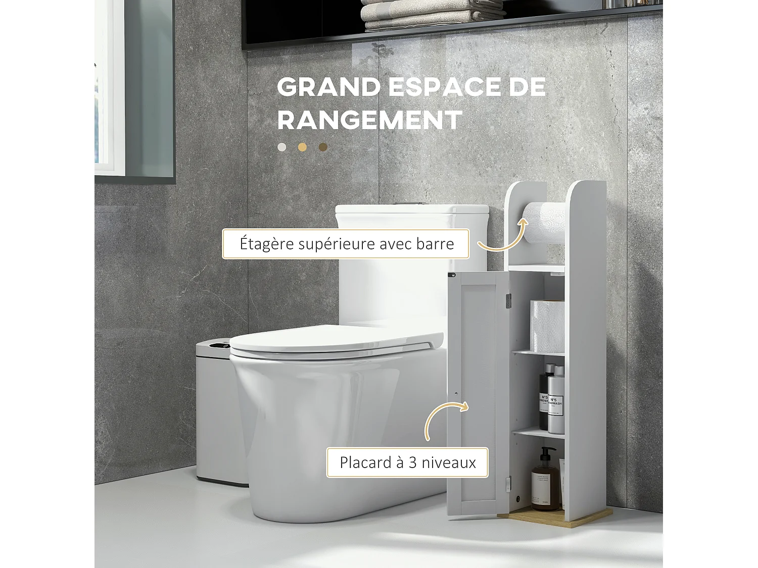 Support papier toilette - porte-papier toilette - armoire pour papier toilette - porte, 2 étagères, sortie papier blanc bois clair