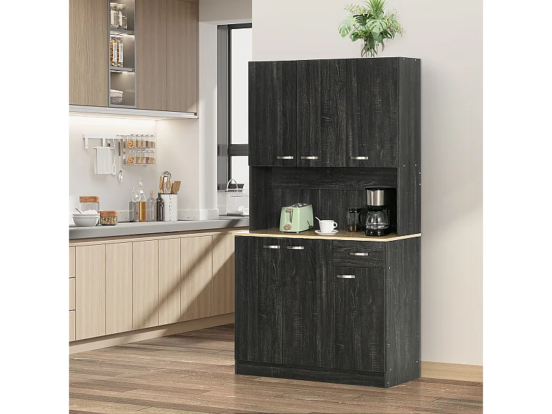 Armoire de cuisine contemporaine multi-rangement 6 portes 1 tiroir + grand plateau dim. 101L x 39l x 180H cm panneaux particules bois noir