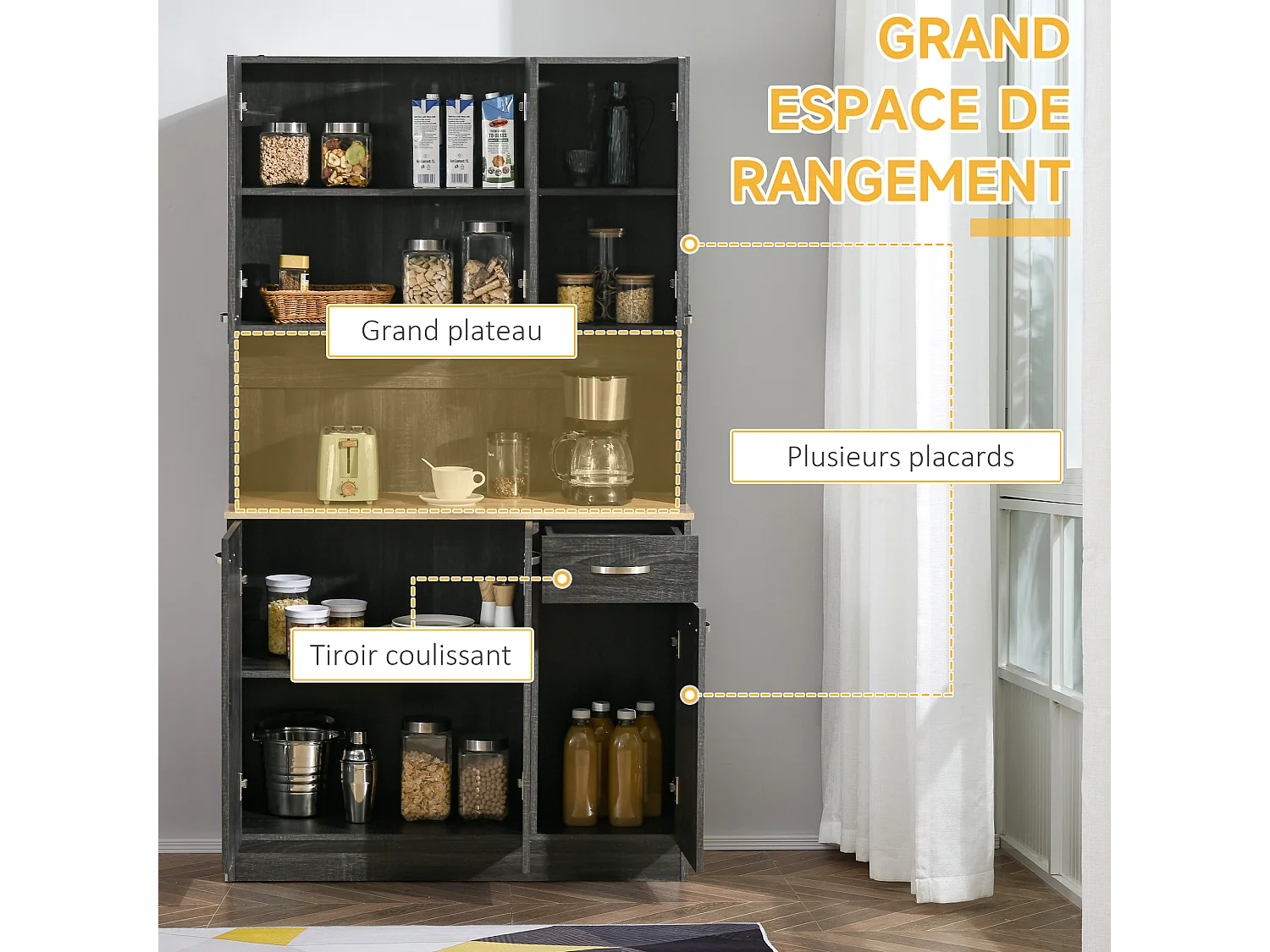 Armoire de cuisine contemporaine multi-rangement 6 portes 1 tiroir + grand plateau dim. 101L x 39l x 180H cm panneaux particules bois noir