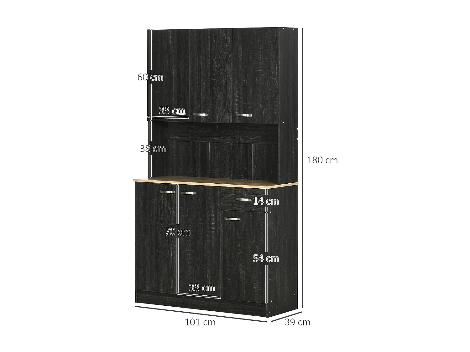Armoire de cuisine contemporaine multi-rangement 6 portes 1 tiroir + grand plateau dim. 101L x 39l x 180H cm panneaux particules bois noir