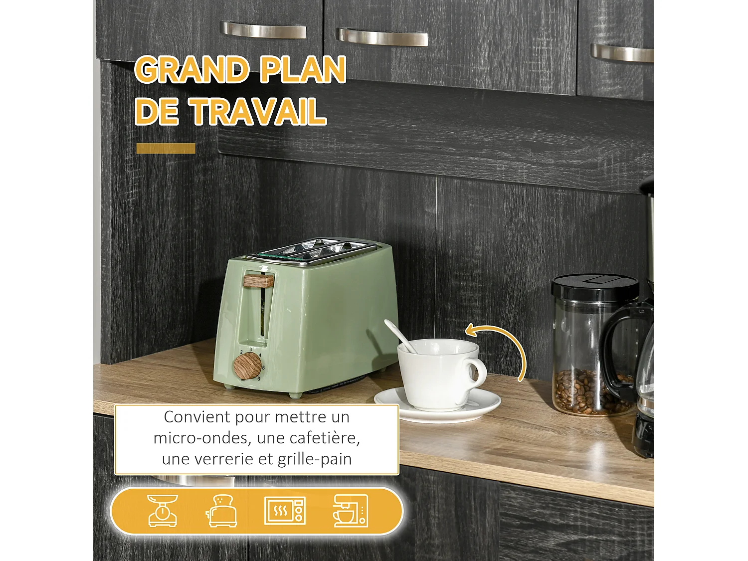 Armoire de cuisine contemporaine multi-rangement 6 portes 1 tiroir + grand plateau dim. 101L x 39l x 180H cm panneaux particules bois noir