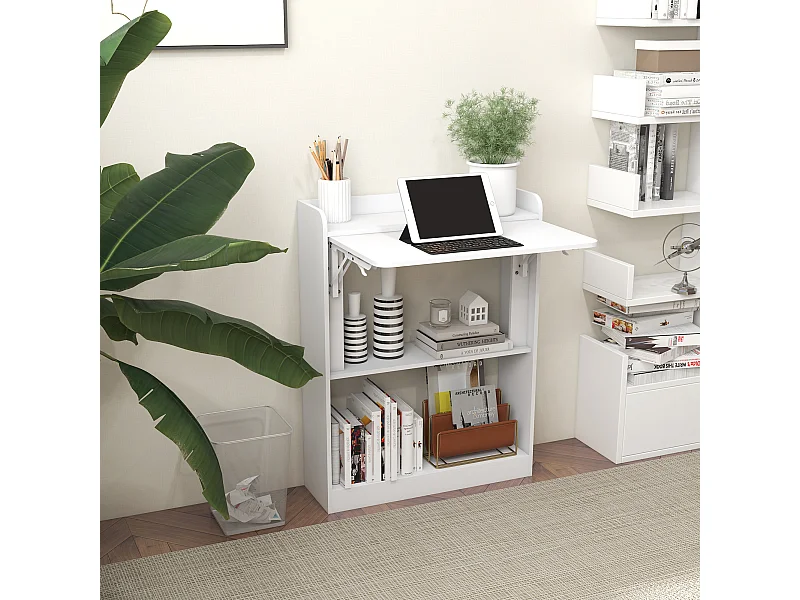 Bureau mural pliable d'appoint table murale rabattable suspendue avec bibliothèque 3 étagères panneaux blanc