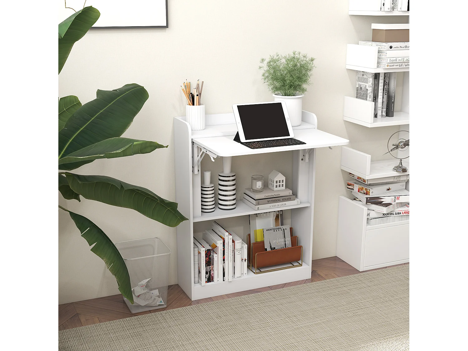 Bureau mural pliable d'appoint table murale rabattable suspendue avec bibliothèque 3 étagères panneaux blanc