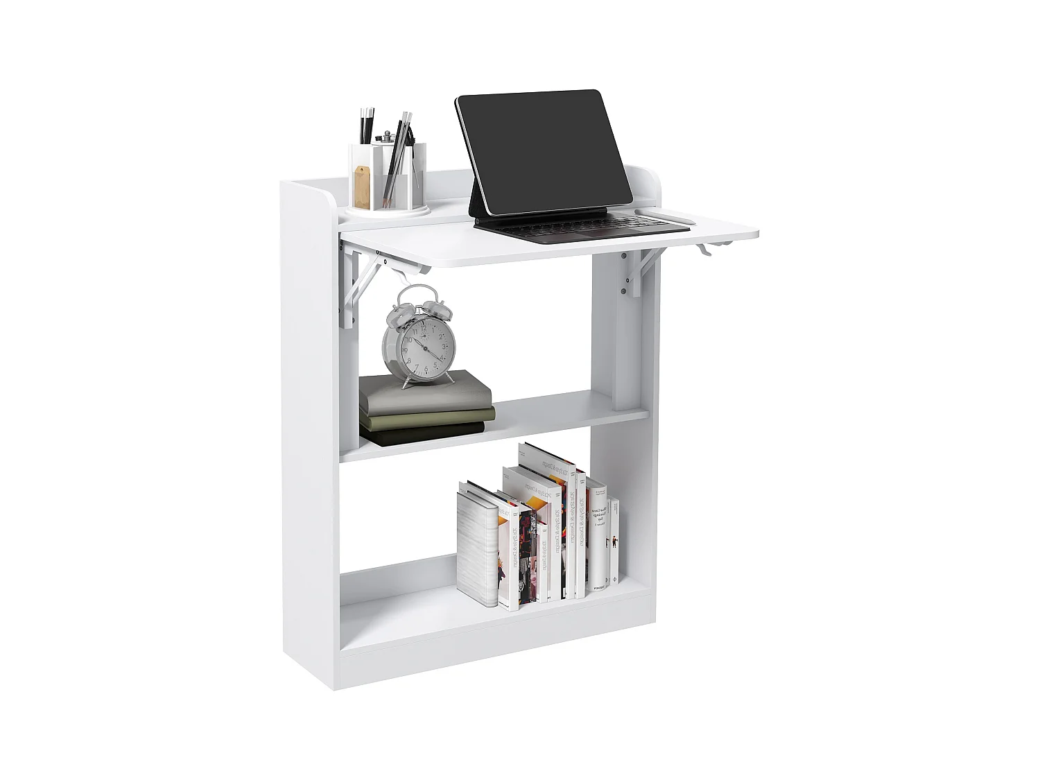 Bureau mural pliable d'appoint table murale rabattable suspendue avec bibliothèque 3 étagères panneaux blanc