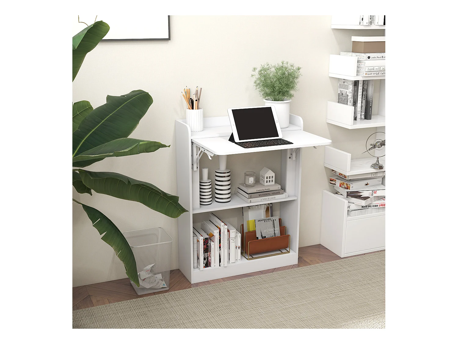 Bureau mural pliable d'appoint table murale rabattable suspendue avec bibliothèque 3 étagères panneaux blanc