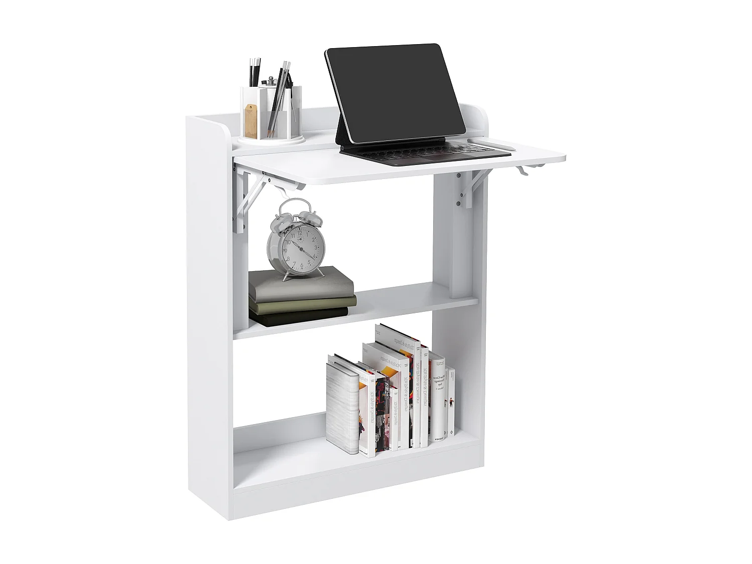 Bureau mural pliable d'appoint table murale rabattable suspendue avec bibliothèque 3 étagères panneaux blanc