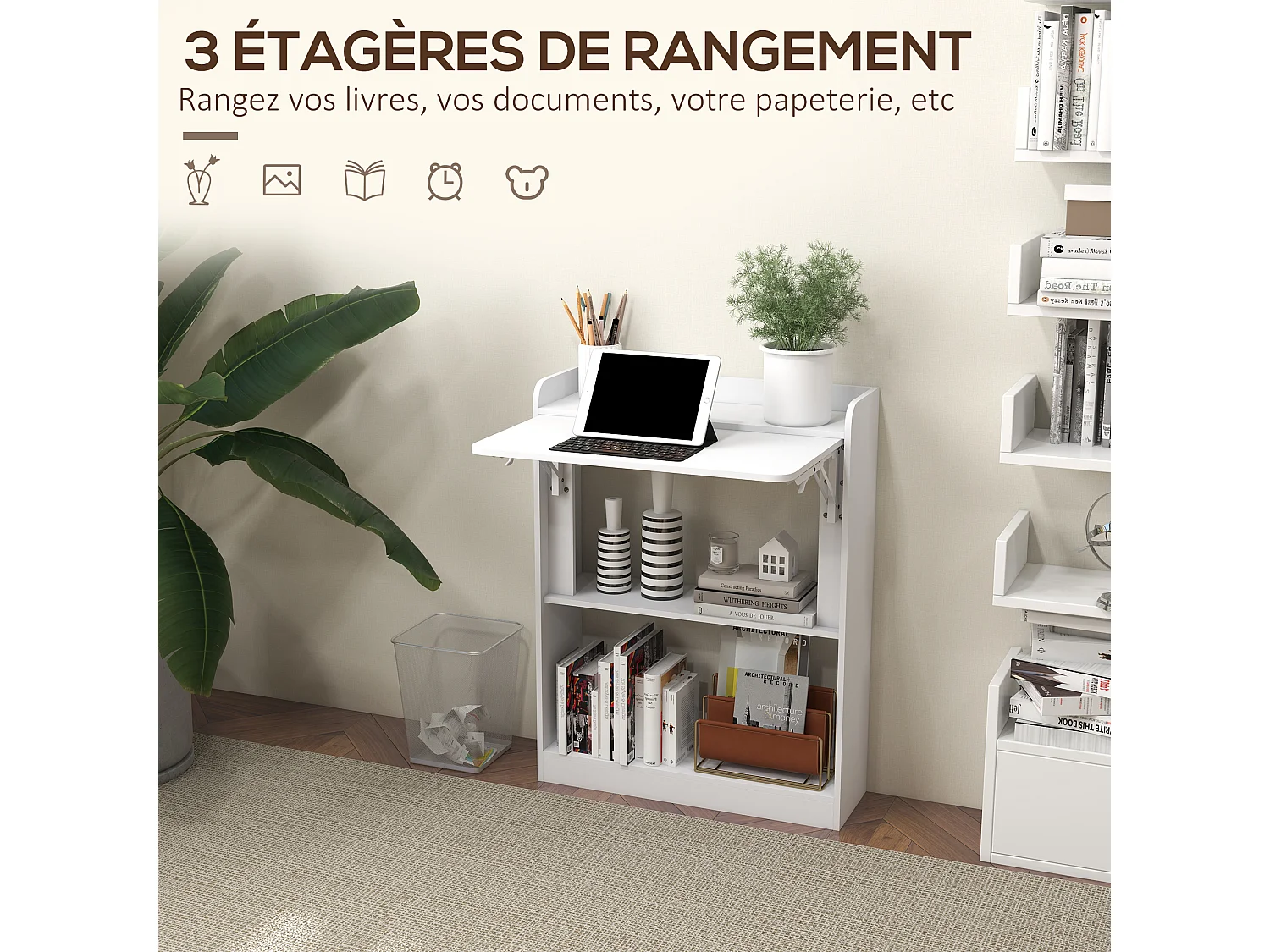 Bureau mural pliable d'appoint table murale rabattable suspendue avec bibliothèque 3 étagères panneaux blanc