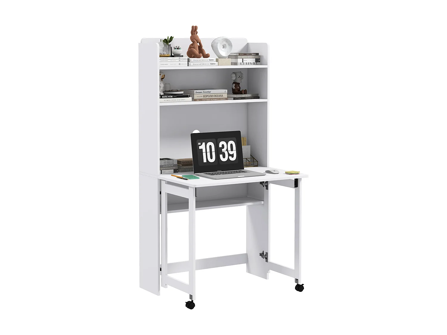 Bureau mural pliable table murale rabattable suspendue sur pied avec bibliothèque 3 étagères MDF blanc