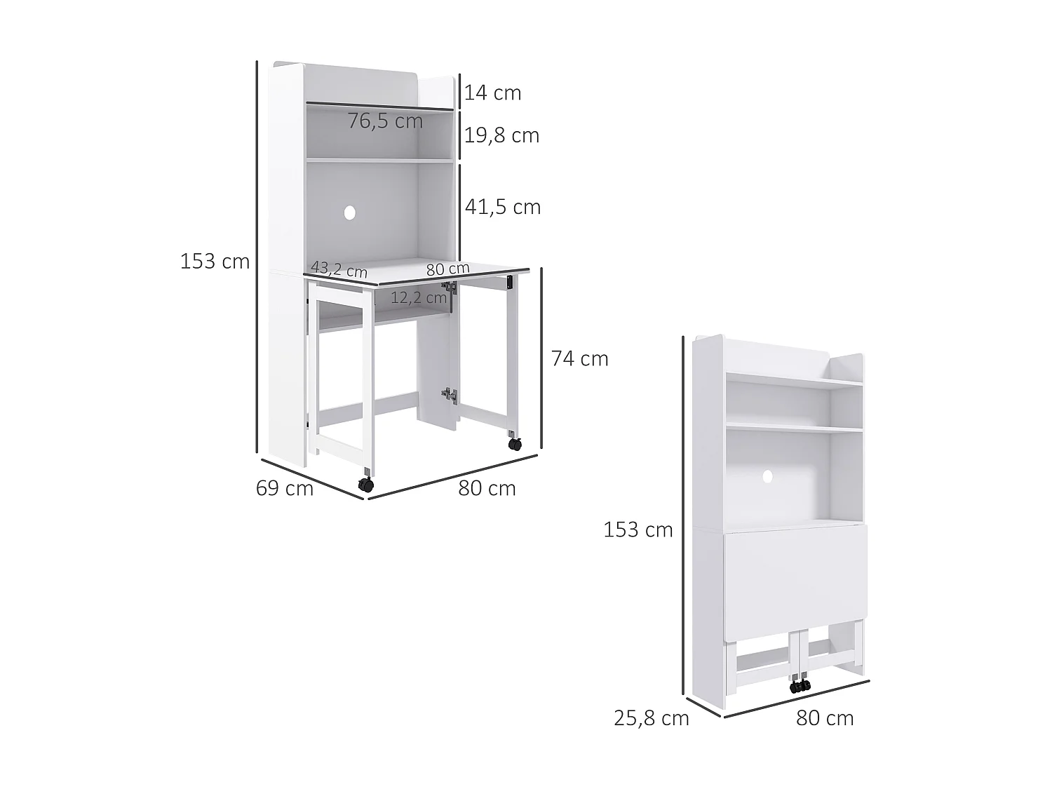 Bureau mural pliable table murale rabattable suspendue sur pied avec bibliothèque 3 étagères MDF blanc