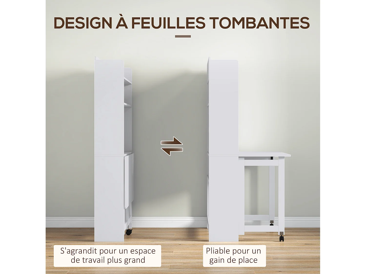 Bureau mural pliable table murale rabattable suspendue sur pied avec bibliothèque 3 étagères MDF blanc