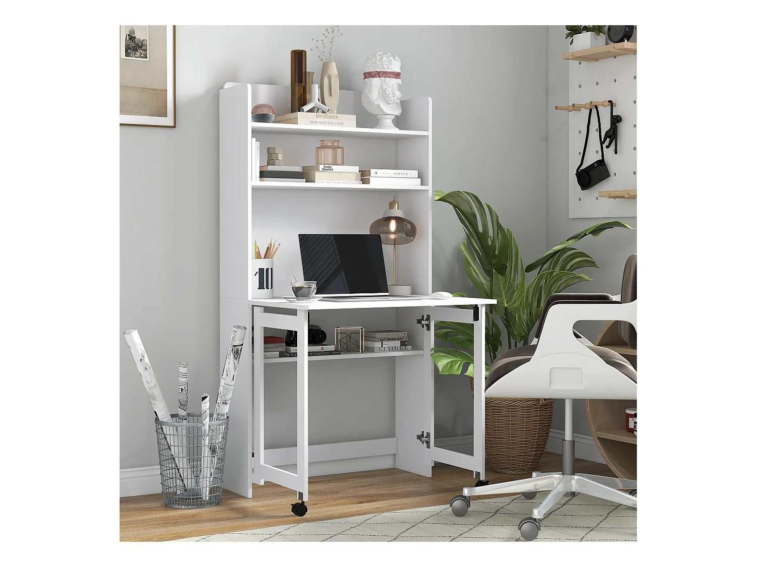 Bureau mural pliable table murale rabattable suspendue sur pied avec bibliothèque 3 étagères MDF blanc