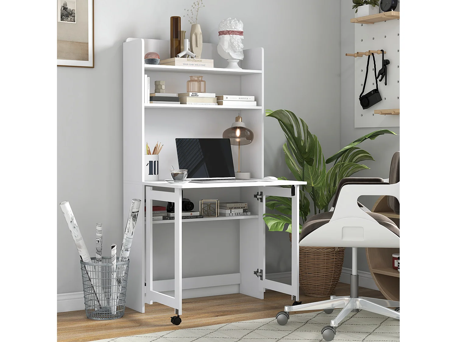 Bureau mural pliable table murale rabattable suspendue sur pied avec bibliothèque 3 étagères MDF blanc