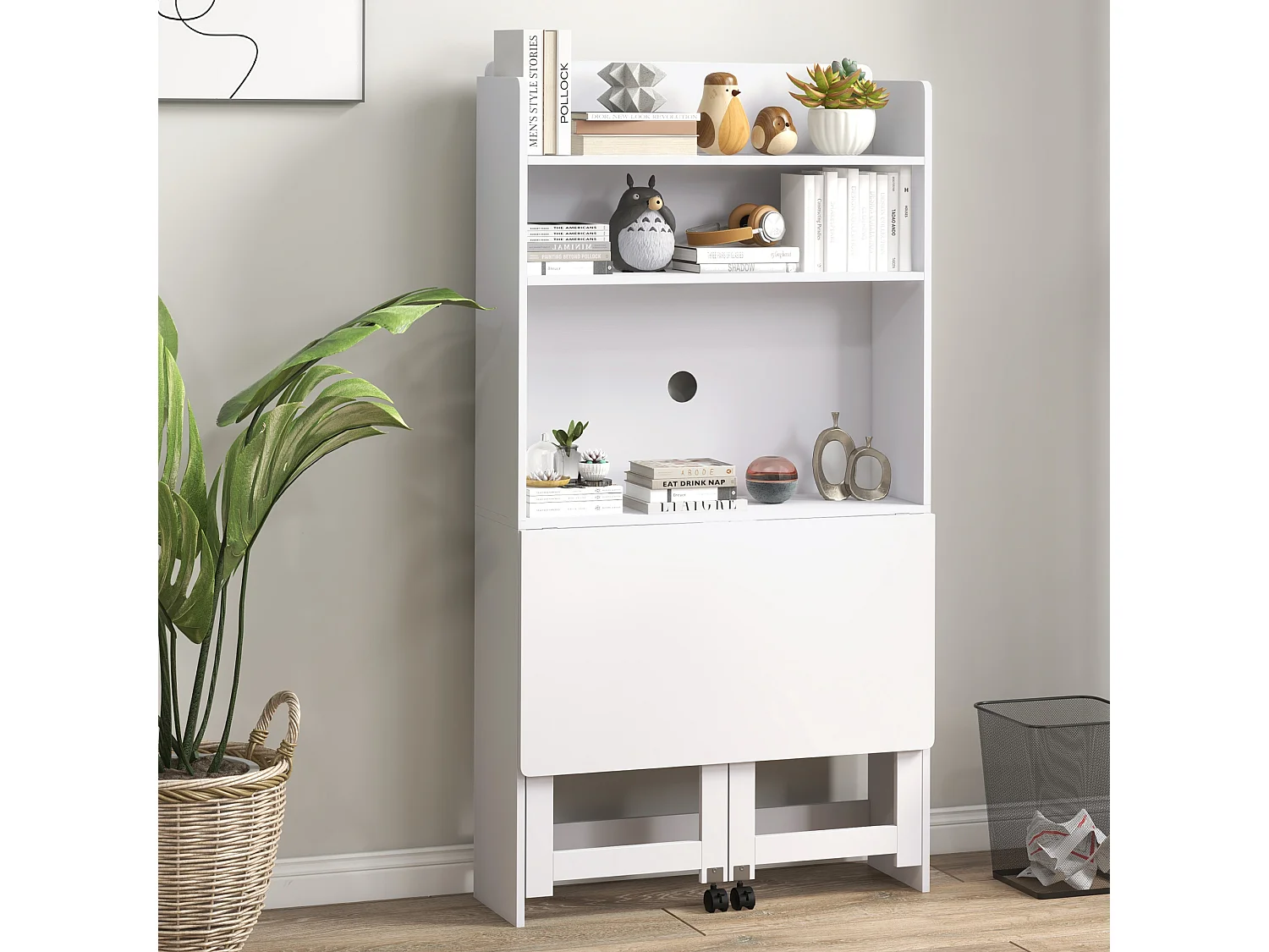 Bureau mural pliable table murale rabattable suspendue sur pied avec bibliothèque 3 étagères MDF blanc