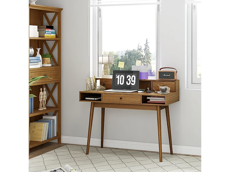 Bureau ordinateur table informatique design vintage avec rangements 3 tiroirs 3 niches pieds en bois massif de pin 110 x 54 x 91,5 cm aspect noyer